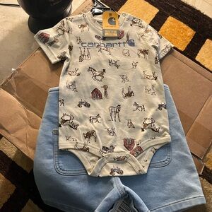 Carhartt blue Jean Overalls with Light brown Printed Tee
